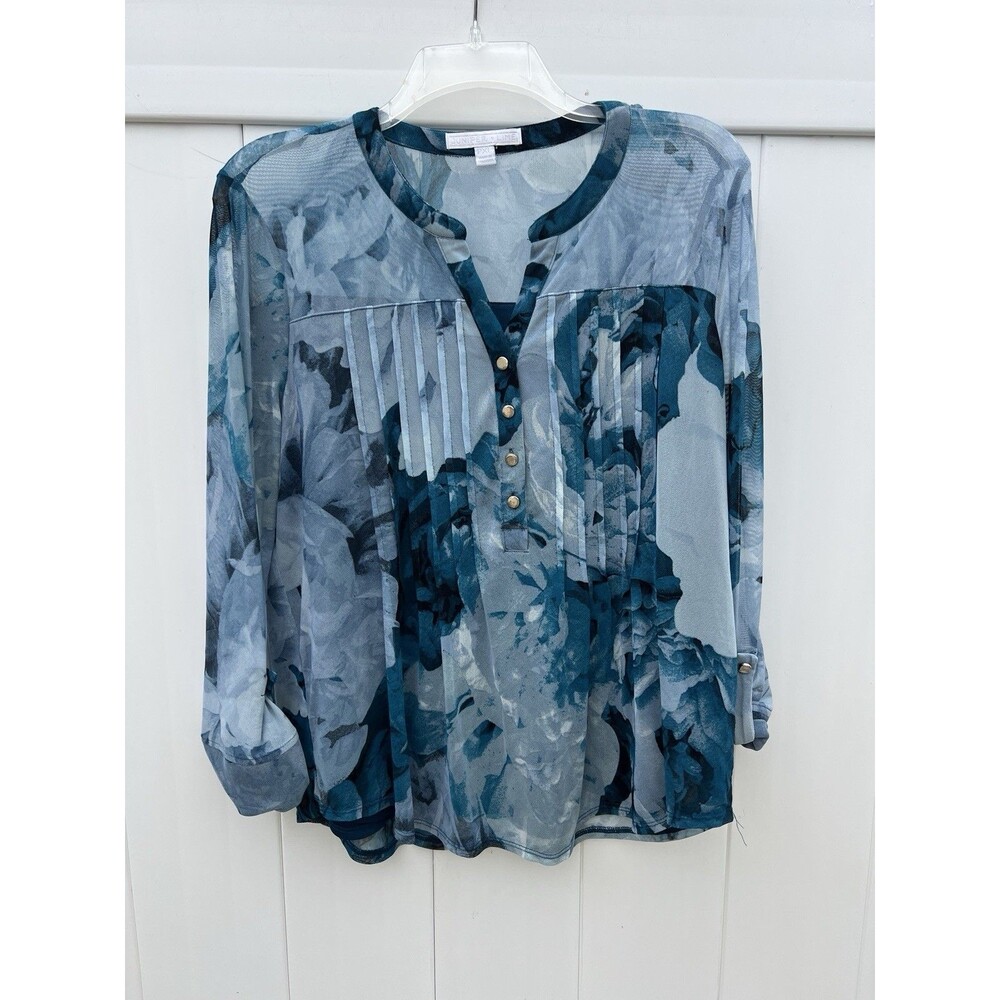 Juniper + Lime size PXL Stretch Blouse Petite Bleu Lined Floral 3/4 Sleeve